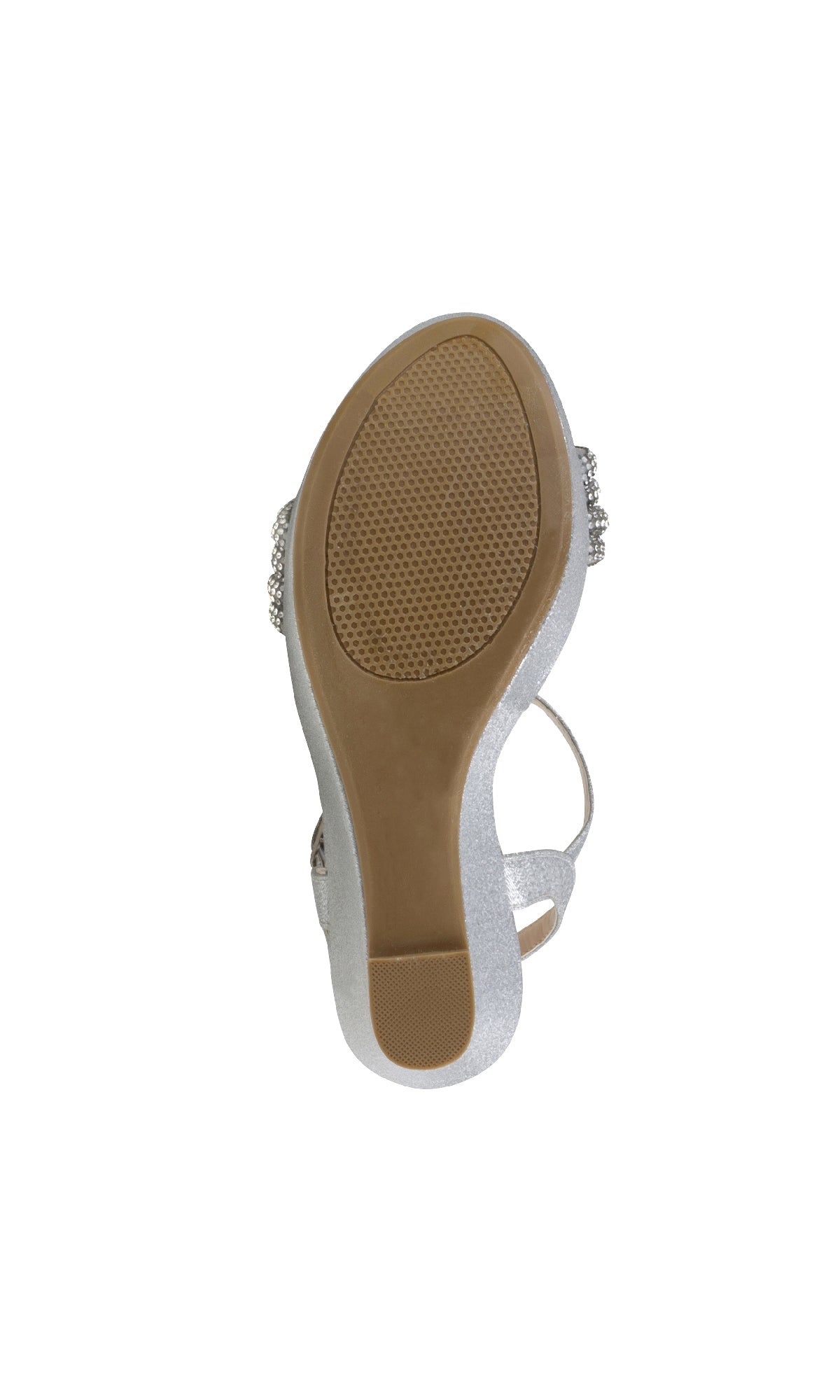 Bottom view of Gemini Silver Glitter Wedge Prom Shoes: Touch Ups 4649, a women’s sandal with wedge heels, tan rubber sole for grip, and jeweled silver glitter straps inspired by prom shoe designs.